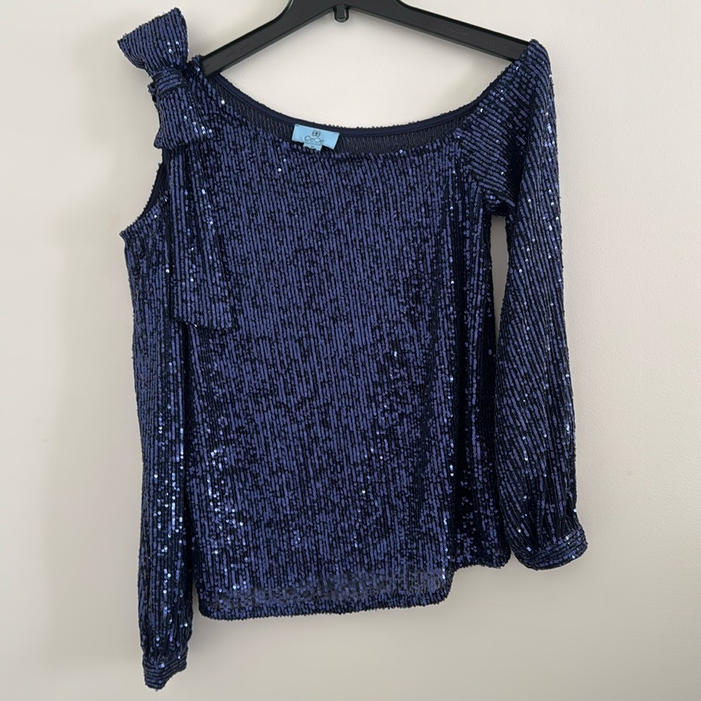 Cece Womens Sequined One Shoulder Blouse